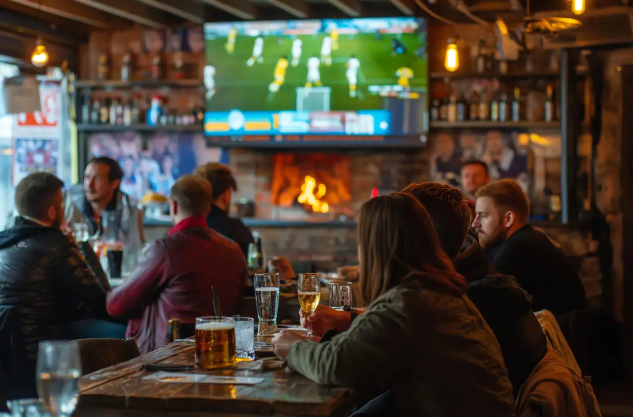 Patrons at bar watching sports on big screen