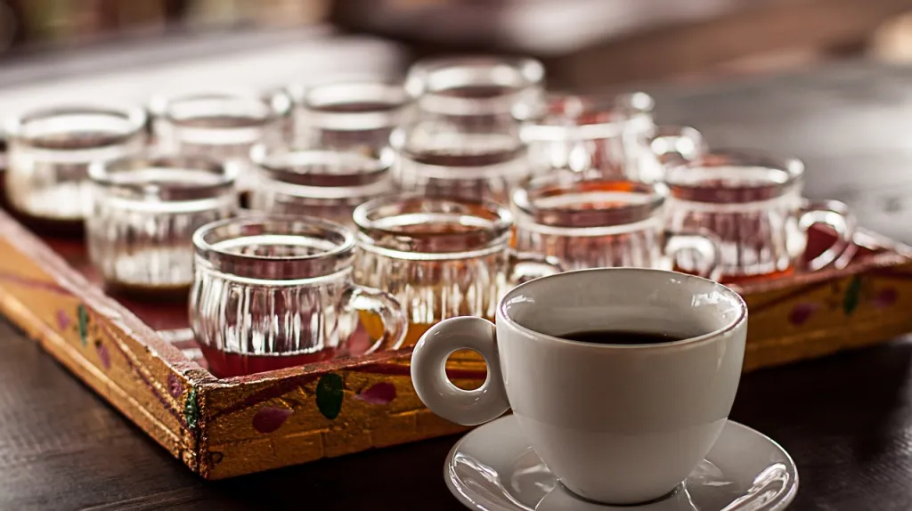 Traditional Balinese coffee tasting flight on wooden tray
