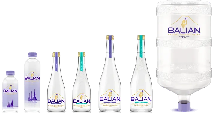 Assorted Balian mineral water bottles and gallon jug
