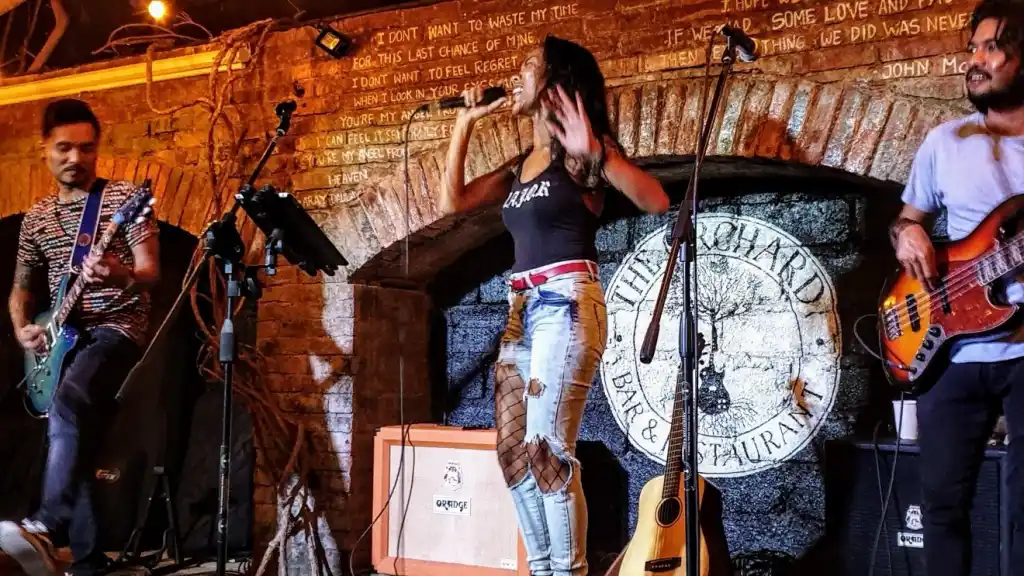 A band performing live in a brick bar
