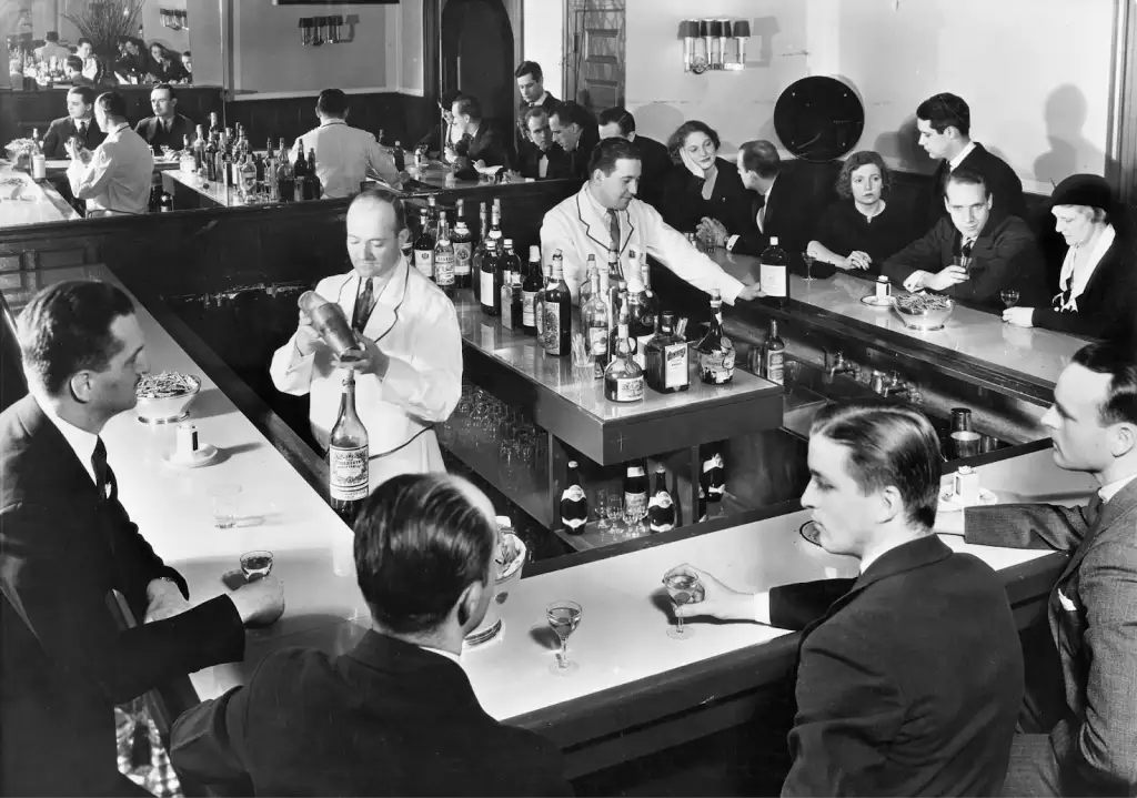 Historic 1920s speakeasy filled with elegantly dressed patrons