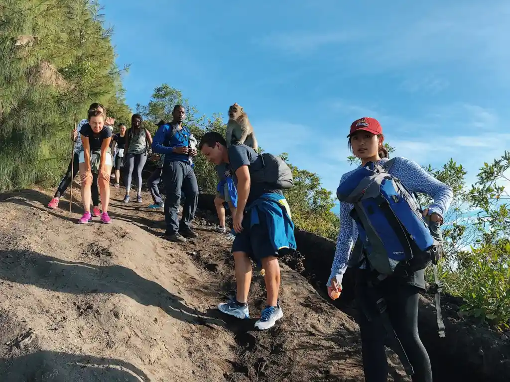 Group of hikers with a monkey on trail