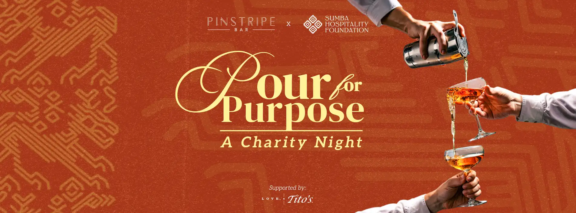 Pour for Purpose charity night poster with cocktail glasses, shaker, and logos of Pinstripe Bar and Sumba Hospitality Foundation