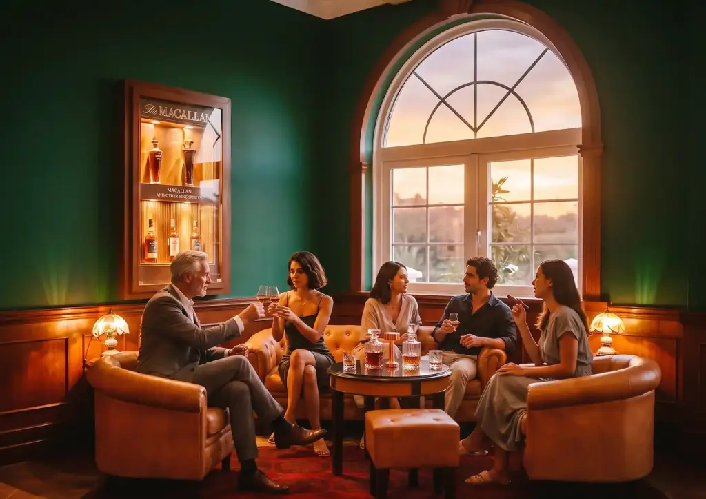 Elegant whiskey lounge at sunset with guests enjoying The Macallan tasting around leather armchairs.