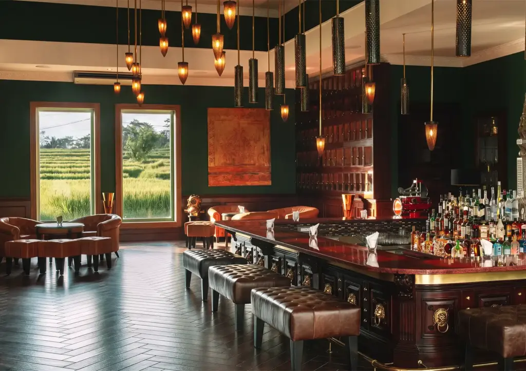 Luxurious bar interior with polished wood counter, tufted leather stools, and sunset view over green fields.