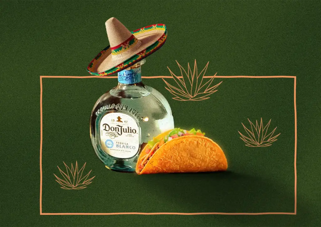 Don Julio Blanco tequila bottle wearing a miniature sombrero beside a crispy taco shell filled with lettuce, tomato, and onion, set against a dark green background with illustrated agave plant motifs and a decorative border