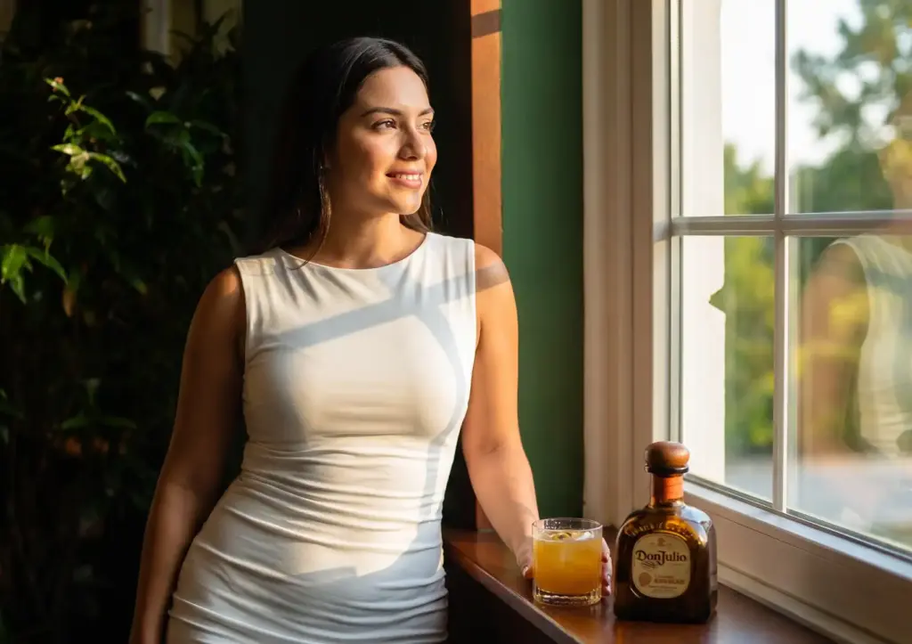 A smiling woman in a white sleeveless dress bathed in warm golden hour sunlight, leaning against a windowsill beside a rocks glass of orange cocktail and a bottle of Don Julio tequila, with lush green tropical foliage visible through the window
