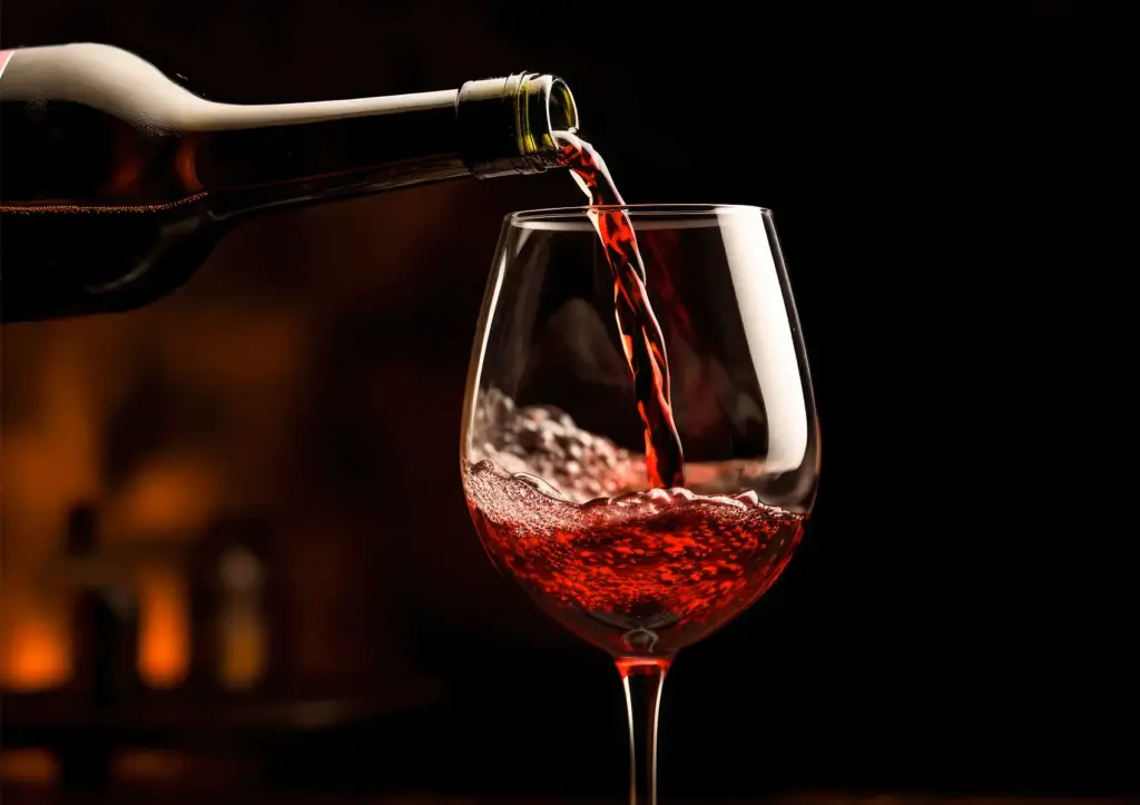 A close-up of rich, dark red wine being poured from a dark glass bottle into an elegant crystal wine glass against a warm, softly lit background, highlighting the premium drink selection at a sophisticated cocktail bar ubud.
