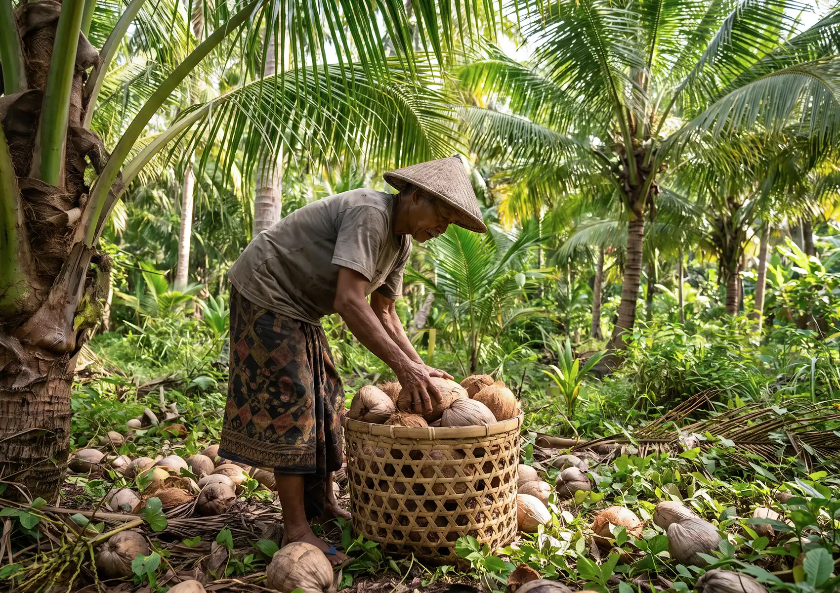 A local Balinese farmer wearing a traditional conical hat gathers fresh coconuts into a large woven basket in a lush tropical grove, harvesting local ingredients often featured at a cocktail bar ubud.