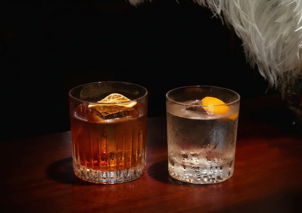 Two beautifully crafted drinks in short glass tumblers, one amber with a dehydrated citrus wheel and one clear with an orange peel twist, sitting on a dark wooden table at a Cocktail bar ubud.
