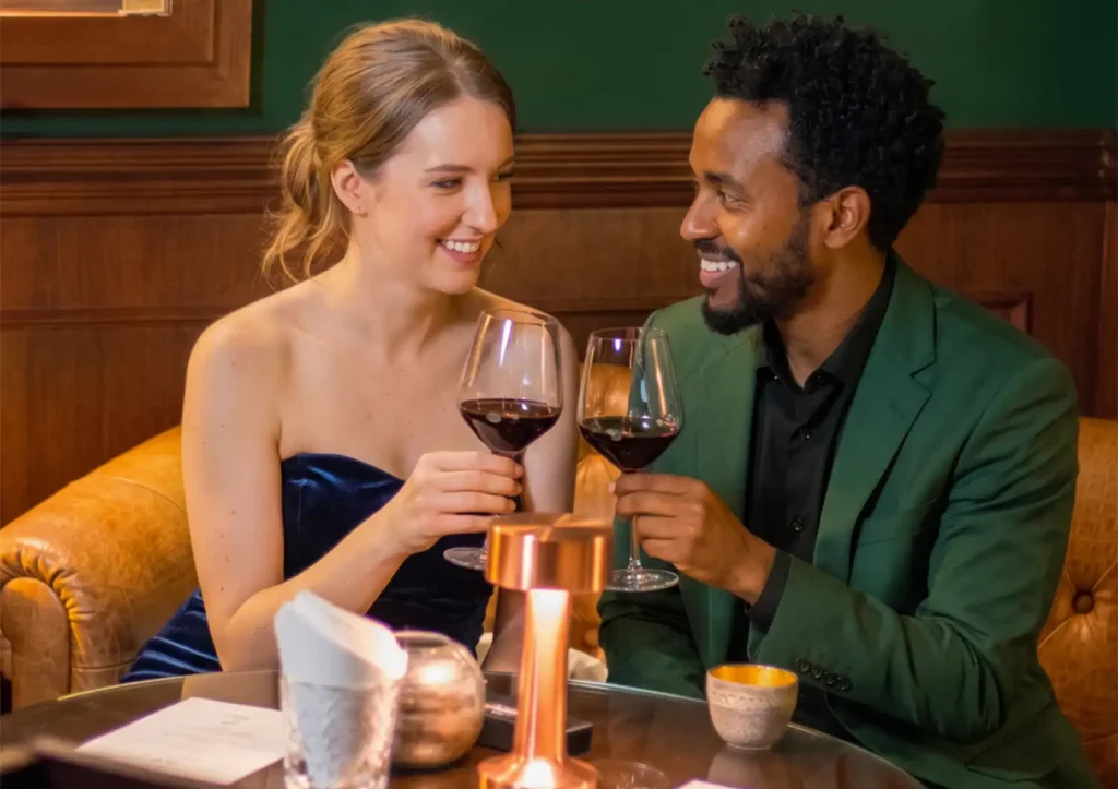 A smiling couple toasting with glasses of red wine during a romantic date night at a stylish cocktail bar ubud.